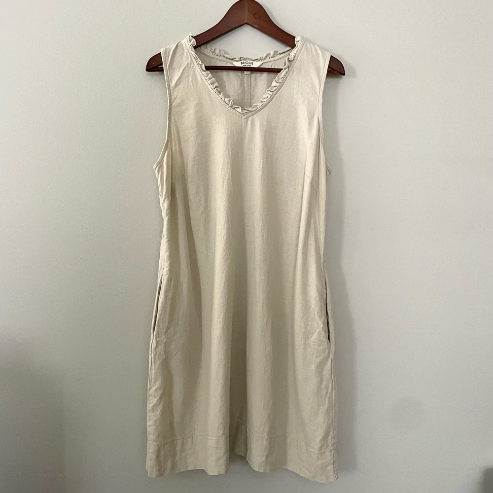 Sleeveless Linen Blend Neutral Cream Beige V-Neck Shift Dress w/ Pockets Large